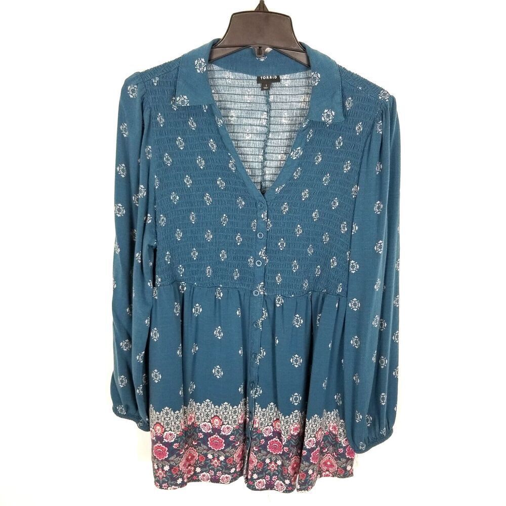 Torrid‎ Women Plus Babydoll Rayon Slub Smocked Button-Front Tunic Top Sz 1X Boho